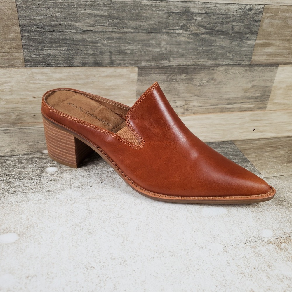 Kelsi Dagger Brooklyn Mason Womens Mules Sz 7.5 M Caramel Leather Pointed Toe